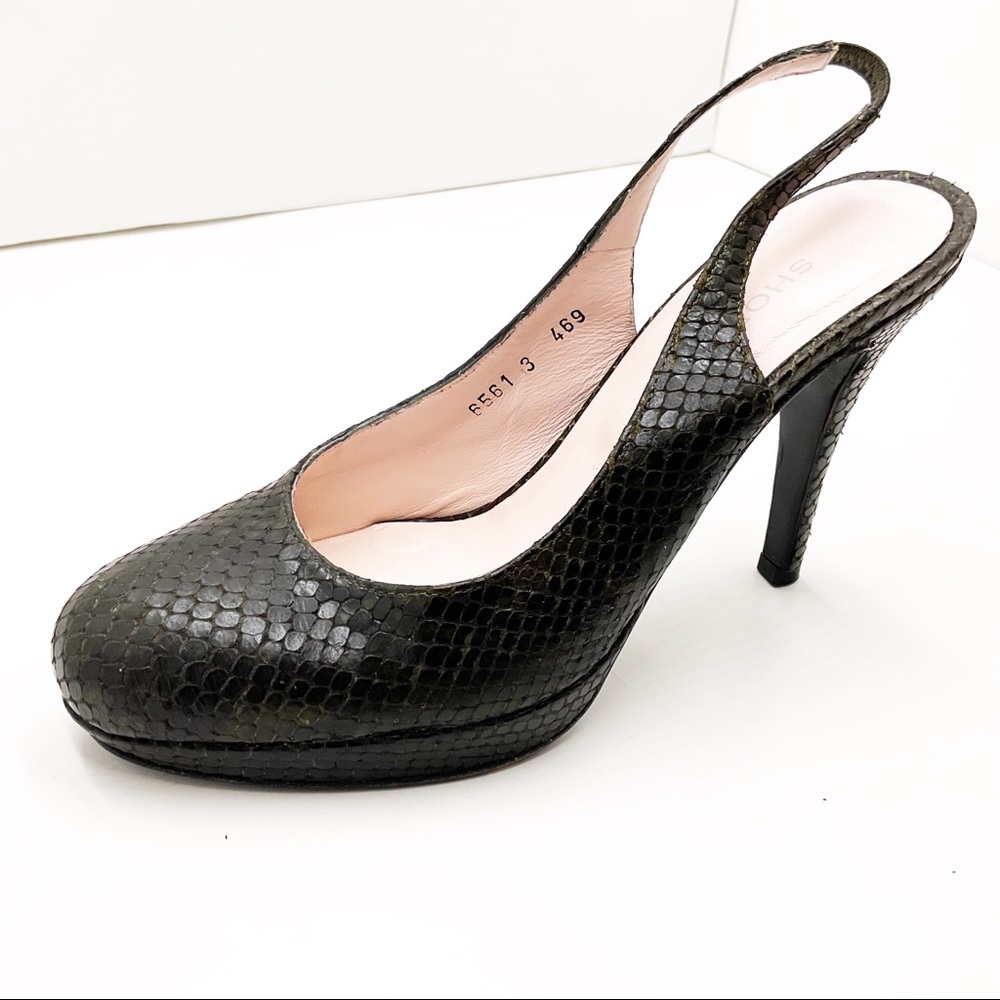 {Shoe Box Ny}Olive Python Leather Sling-Back Heels - image 8